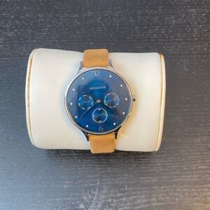 Skagen Women's Anita Blue Dial Brown Leather Watch